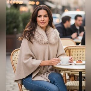 Adrienne Vittadini Elegant Beige Faux Fur Cape - Stylish Wrap for Any Occasion